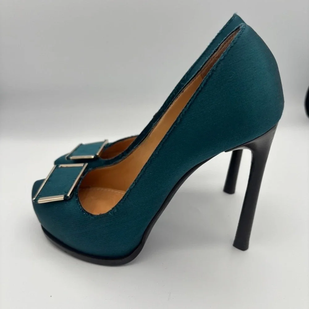 Lanvin Platform Pumps Women Sz 39 Teal Satin Buckle Stiletto Heel Luxury